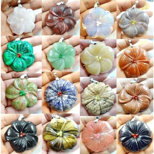 Natural Stone Quartz Crystal Tiger Eye Aventurine Carving Flower Pendants Charms Beads For Women Jewelry Making Necklace 6pcs