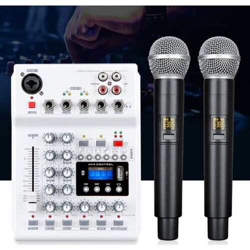Wireless Streaming Audio Mixer With 2 UHF Wireless Mics 4 Channels Mixing Console 48V Phantom Power USB For DJ Karaoke PC Guitar