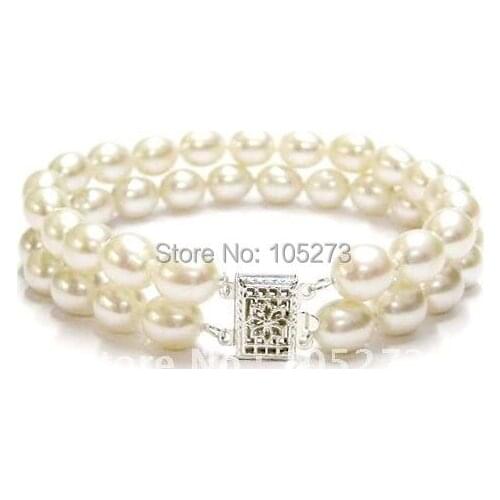Charming Pearl Jewelry S925 Sterling Silvers Bracelet 7-8MM 2rows White Rice Genuine Freshwater Pearl Bracelet New Free Shipping