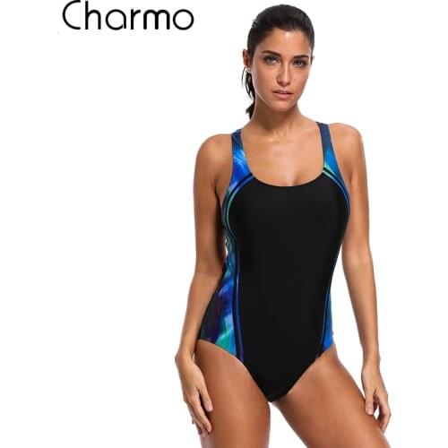 Charmo Women Sports Swimwear Sports Swimsuit One-Piece Color block Monokini Beach Bathing Suit fitness slim training sportswear