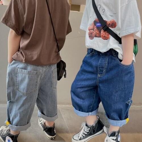 Children Summer Denim Shorts 2021 New Simple Solid Color Boys and Girls Side One Word Hole Fashion Korean Denim Cap