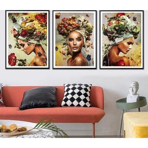 Flowers and African girl Canvas Painting Portrait Wall Art Poster And Picture For Women Childrens Room Home Decor Pictures