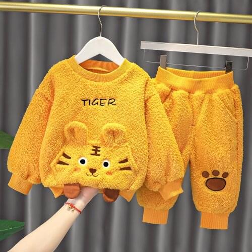 Plus velvet Warm Baby Boy Girls Clothes Set Autumn Winter Pullover Sweatshirt+Pants Infant Christmas Children Fleece Thicken Sui