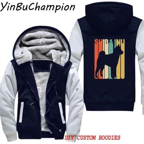 Mens Vintage Shiba Inu Silhouette Dog Hoodies Winter Jacket Sweatshirt Fleece Zip Up Hooded Thick Tracksuits Coats Plus Size 5XL
