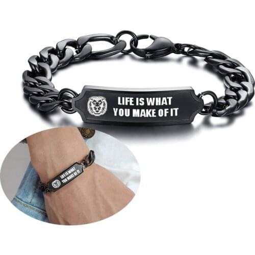 Men Personalized Name Cuban Link ID Bracelet Free Engraved Black Stainless Steel Identification Name Plate Curb Wristband