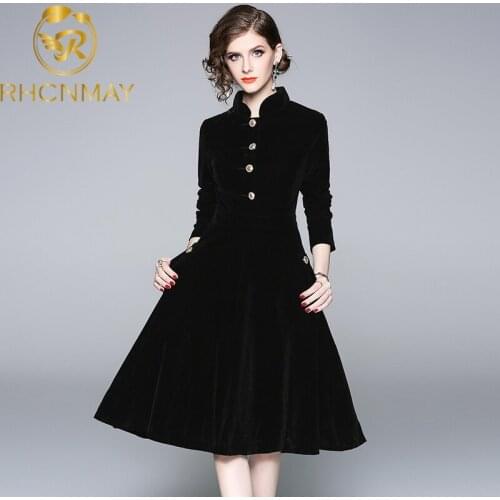 Solid Black Woman Velvet Dress Winter Stand Collar Ladies A-Line Thick Dresses Slim Knee Dress Women Office Lady Outer Dresses