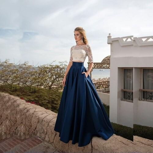 Wholesale New Two Pieces Lace Half Sleeves Prom Party Dresses Bateau Neckline Backless Evening Gowns Long Navy Blue Affordable
