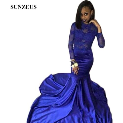 Royal Blue Tulle Long Sleeve Prom Dresses 2021 Black Girls Graduation Gowns Mermaid Satin Skirt Long Prom Party Wear