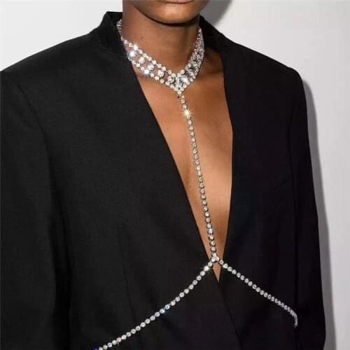 Handmade Rhinestone Sexy Body Chain Bra Crystal Long Necklace Pendant Breast Chain For Women Simple Bikini Harness Jewelry