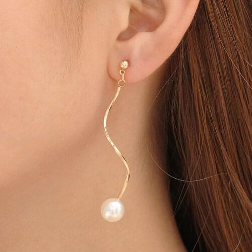 Korean personality simple slender button pearl earrings temperament pearl long earrings chain earrings ladies jewelry
