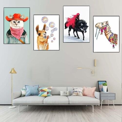Nordic Prints Cute Cat & Alpaca Blowing Bubble Pictures Home Wall Art Modular Wolf Poster Painting Canvas Living Room Decoration