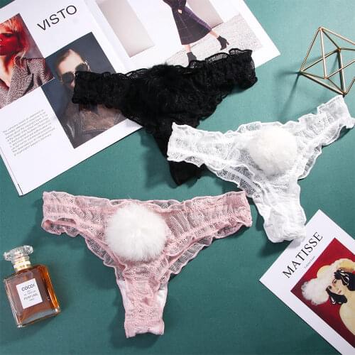 Sexy Lace Panties Cute Rabbit Tail Womens Underpants Breathable Transparent Underwear Comfort Thong Low Rise G-string