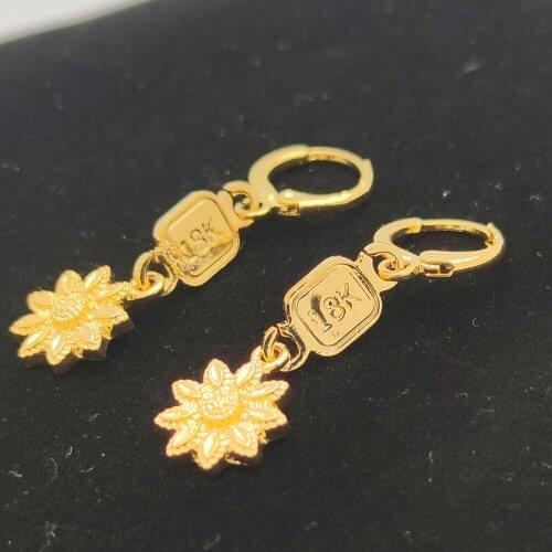 18 K Yellow Solid Fine Gold FINISH flower drop Earrings Women/Girl,Love Trendy Jewelry for African/Arab/Middle Eastern gift