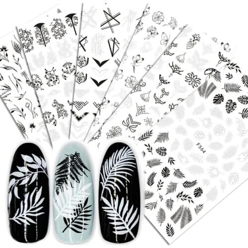1pcs Black White Floral Letter Nail Sticker Nail Art Adhesive Decals Geometry Hollow Designs 3D Manicure Decor Wraps JIF564-573