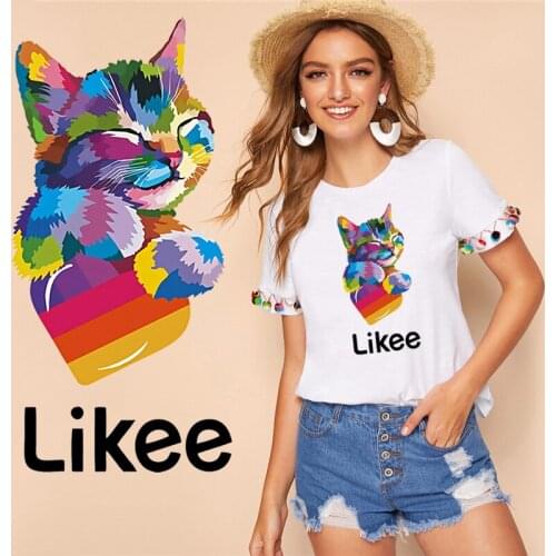 Colorful Cat Iron-On Transfers For Clothing DIY A-level Washable Thermal Patches Sticker On Clothes Likee app Applique Accessory
