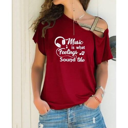 Music is what Headphone Print Loose T-shirt Women Irregular Tshirt Music Note Lover Tops Punk Skew Neck Cross Bandage T-shirt