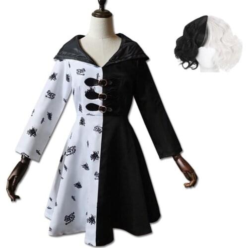 Halloween 2021 Cruella Costume Cosplay Evil Queen Black White Coat Evening Party Dress Fashion Emma Magic Performance Oufit