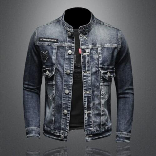 2021 Spring and Autumn New High Quality Mens Solid Stand Collar Single Breasted Slim Vintage Long-sleeved Mens Denim Jacket