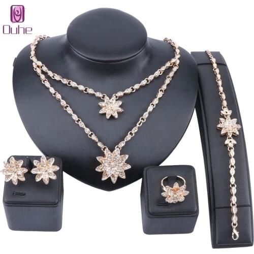 Fashion Bridal Double layer Necklace Earrings Bracelet Ring Set Dubai Luxury Crystal Wedding Costume Jewellery Set Gifts