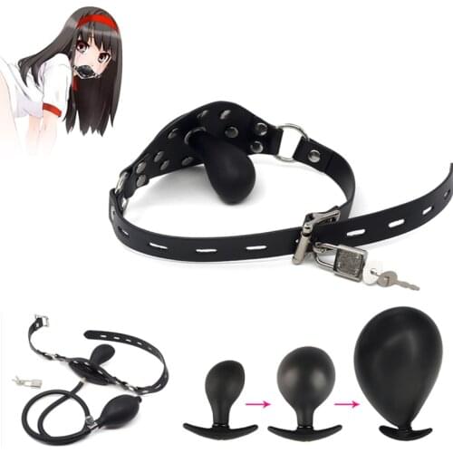 Inflatable Penis Gag Open Strap On Mouth Gag Oral Dildo Plug BDSM Bondage Fetish Slave Restraints Adult Sex Toy For Couple Flirt