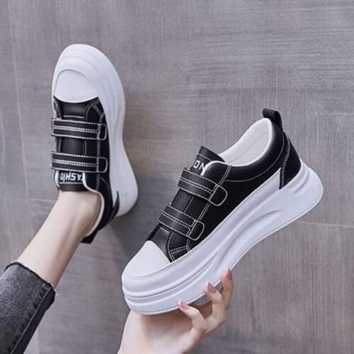 Springtime New Style Casual Little White Shoes Women Fashion Round Toe Solid Hook & Loop Breathable Lnternal increase Non-slip