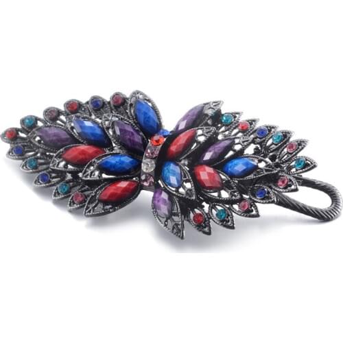 New Beautiful Multicolor Resin Rhinestone Flowers Barrettes Gun Black Alloy Hairpin Vintage Hair Clip Women Wedding Hair Jewelry