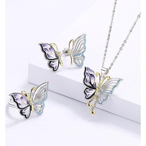 New design silver inlaid crystal enamel porcelain delicate and elegant butterfly ring earrings necklace ladies party accessories