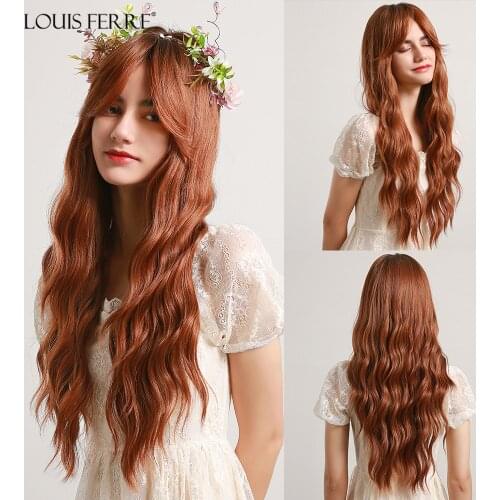 LOUIS FERRE Ginger Hair Long Water Wavy Wigs with Bangs Cospaly Red Brown Synthetic Wigs for Women Afro Heat Resistant Wig Soft