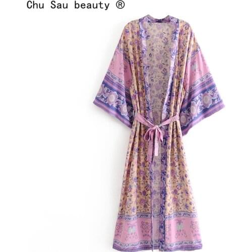 2021 New Womens Fashion All Match Flower Print Belt Lace Up Kimono Jacket Holiday Style Female French Vintage Boho