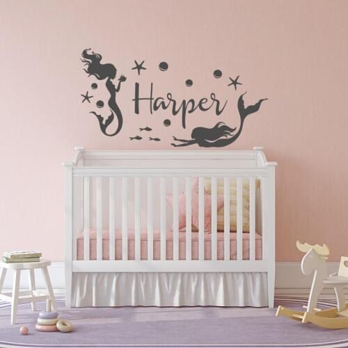 Custom Mermaid Kids Name Wall Stickers Nursery Décor Mermaid With Bubbles Vinyl Wall Decals Girls Sea Ocean Style Murals AZ857