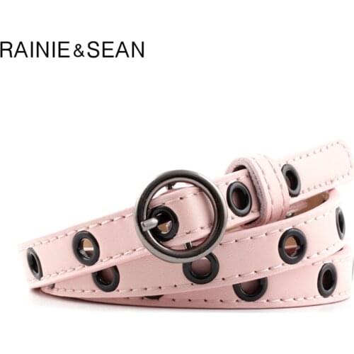 RAINIE SEAN Thin Women Belt Round Buckle Ladies Belts for Dresses Red Black Pink White Camel Fashion Female Apparel Accessories