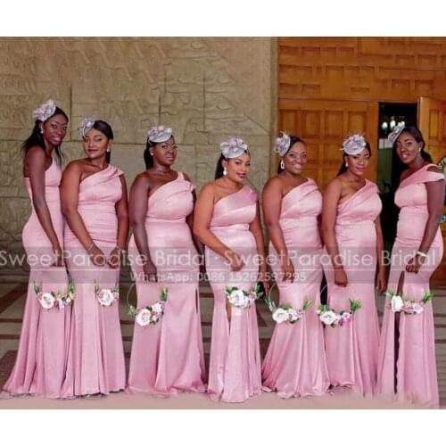 Pink One Shoulder Bridesmaid Dresses 2021 African Women Sleeveless Long Prom Dress Wedding Party Vestido De Fiesta De Boda