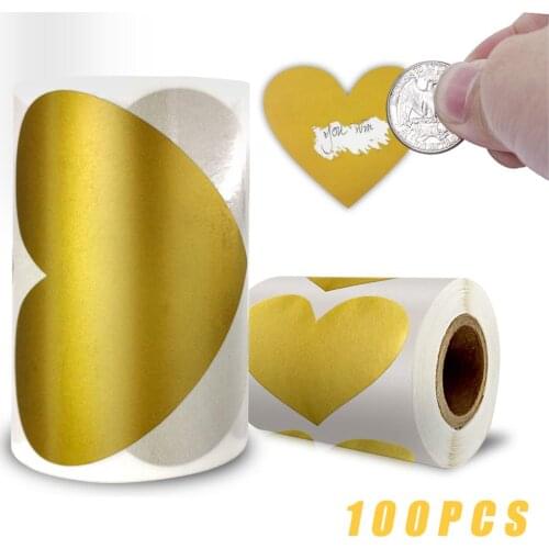 100 PCS Golden Heart Shaped Scratch Off Stickers for Custom Game Party Activity Sticker Stationery Sticker Clear Stickers