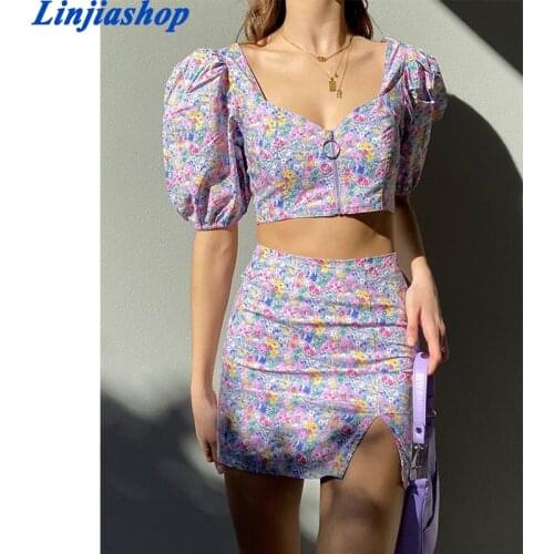 Vintage Floral Print Tracksuit Harajuku 2 Piece Set Retro Cropped And Skirt Fashion Tartan Women Suit