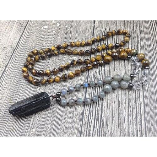 YA3070 Natural Tourmaline Stone Pendant Tiger Eye Stone Beads Knot Handmade Necklace