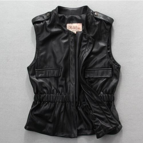 Womens sleeveless genuine jacket with Elastic waist black slim fit women epaulet sexy leather vest lady