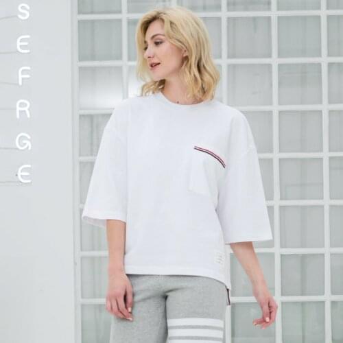 2021 Fashion TB THOM Brand Short Women Loose Sport Clothing Hip Hop Half Sleeve Summer Solid O-neck OS Style Cotton T-Shirt