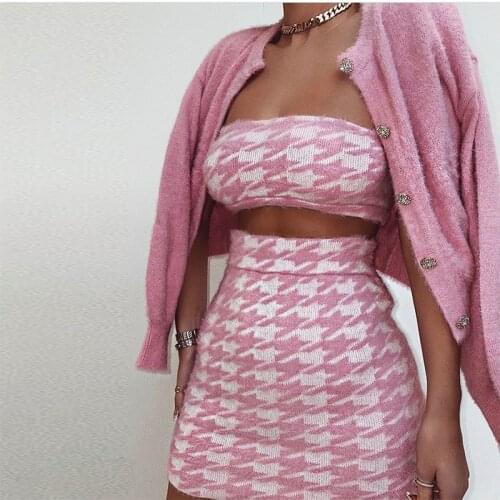 Women Spring Knit Cardigans Sweater Set New Loose Elegaht Sweet Pink Thicked Pull Femme Casual Coat Crop Top & Skirt Set Short
