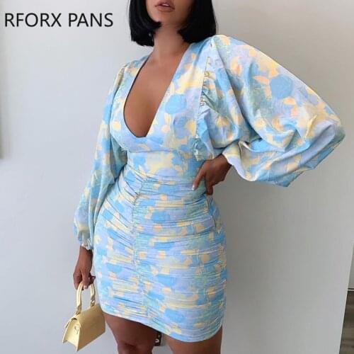 Women Floral Pattern Print Lantern Sleeve Ruched Bodycon Dress Sexy Party Dress for Women Dress 2021