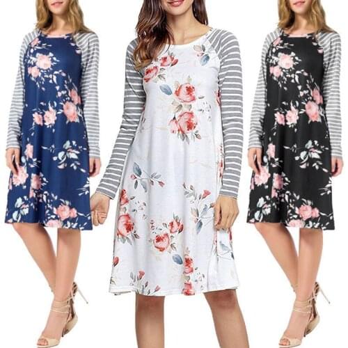 Hirigin Flower Dresses Vintage Long Sleeve Women Dress Striped Floral Mini Dresses For Women Soft Cotton Outwear