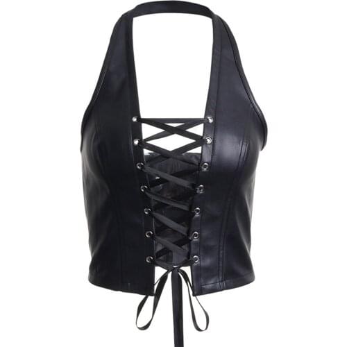 Womens Sleeveless Vest, Solid Color Lace Up Chest Hollow Out PU Leather Tops for Female