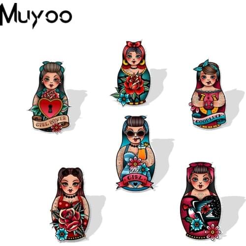 New Arrival Punk Style Russian Doll Acrylic Badge Pin Punk Rock Russian Girls Doll Good Luck Epoxy Resin Lapel Pins
