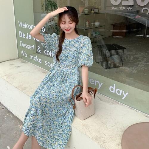Bella 2021 new Summer Round Collar Short Puff Sleeve Dress Vintage With Pearl Chain Purple Yellow Blue Foral Print Party Dress