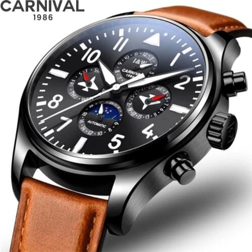 Carnival Brand Fashion Pilot Watch For Men Luxury Moon Phase Military Automatic Mechanical Wristwatch Waterproof Reloj Hombre