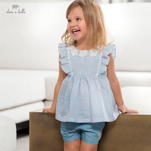 DBJ16499 dave bella summer baby girls cute floral striped clothing sets kids fashion sleeveless sets children 2 pcs suit