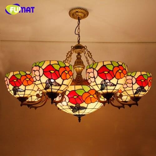 FUMAT Flower Shape Chandelier European Style Brief Stained Glass Light Retro Living Room Glass Art Lustre Chandeliers Lightings