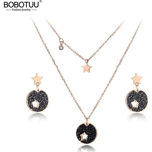 BOBOTUU Trendy CZ Crystal Star Choker Necklaces Earrings Jewelry Sets For Girls Pave Setting Rhinestone Stainless Steel BSE012