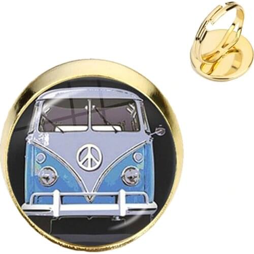 Peace Sign Rings Love Bus Surf Van Beach Summer Hippie Peace Car Retro Vintage Flower Power Hippi Glass Rings Jewelry For Kids