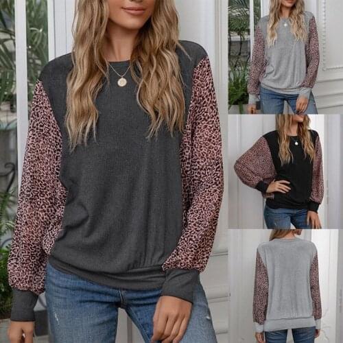 Hot kf-WomenS Casual Loose Leopard Print Stitching Round Neck Long-Sleeved T-Shirt Top Loose Fashion Pullover