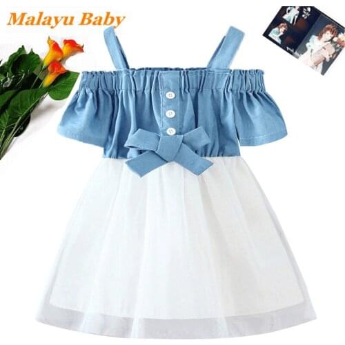 Malayu Baby Child Girl Princess Dress 2021 Summer New 2-6 Years Fashion Kids One Word Collar Bow Straps Mesh Stitching Vestidos